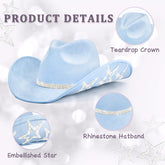 Keilin Star Studded Rhinestone Cowgirl Hat Disco Cowboy Hat Felt Western Nashville Bachelorette Party Hat for Teens and Adults, Blue